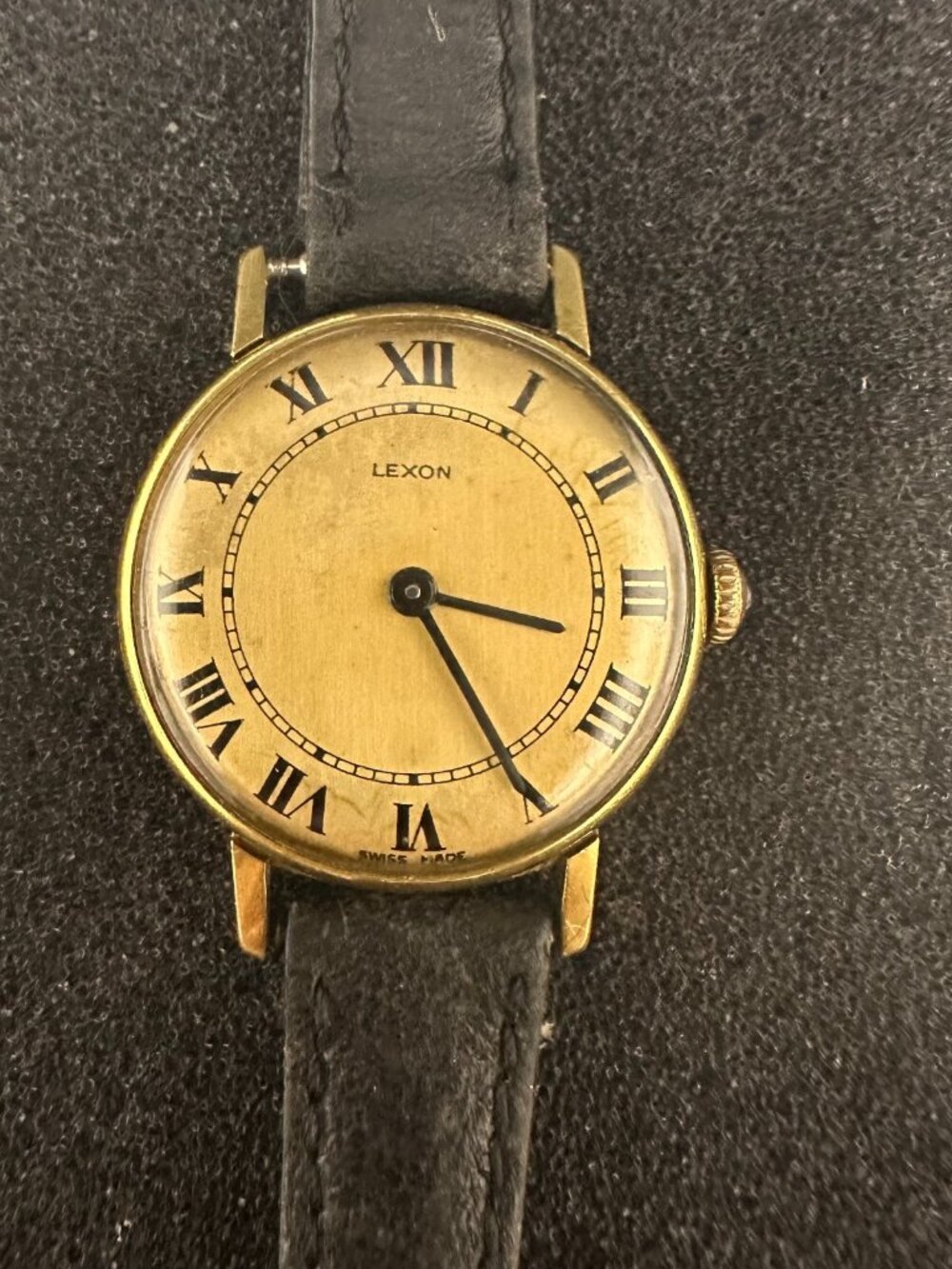 Vintage Lexon Watch Women Gold Tone 24MM Black Leather Band Manual Wind 7.5